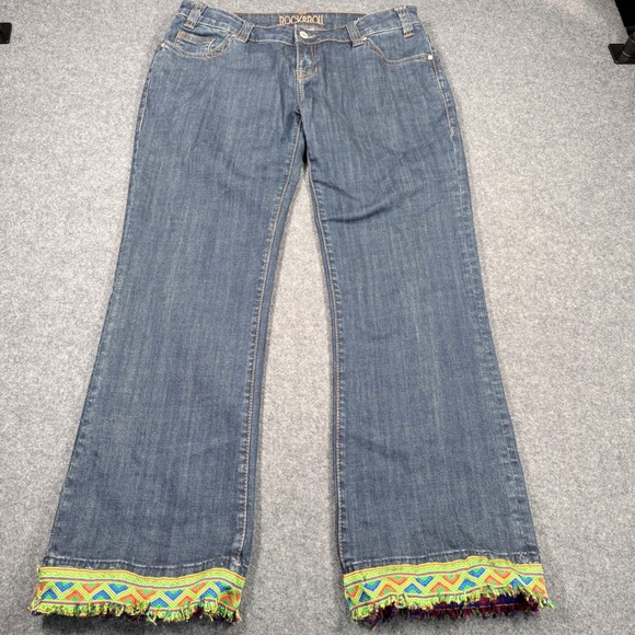 Rock & Roll Cowgirl Denim - Rock & Roll Cowgirl Riding Jeans 32x30 Dark Wash Embroidered Fringe Hem Boho